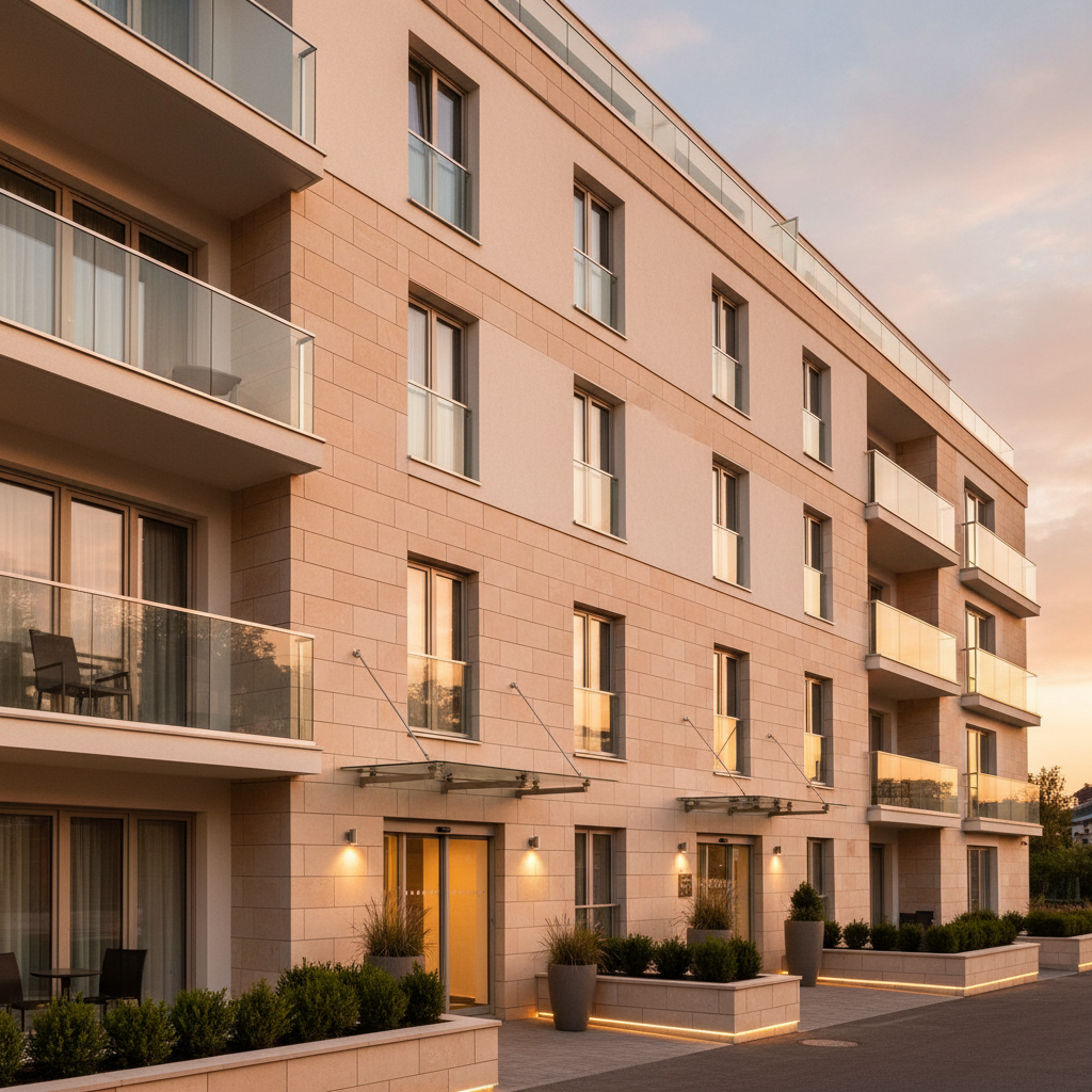 The exterior of a contemporary apart hotel building at golden hour, featuring a clean facade with a mix of light stone and smooth plaster, accented by glass balcony railings. Several floors of identical, well-proportioned windows hint at individual apartments. Discreet entrance canopies and subtle ground-level lighting lead to automated glass doors. Landscaping includes trimmed shrubs and a few planters, suggesting care and professionalism. The sky is softly glowing with warm evening light, reflecting on the windows. Photographic realism, captured from street level with a slightly upward angle, emphasizing accessibility, modern design, and a welcoming, businesslike presence.