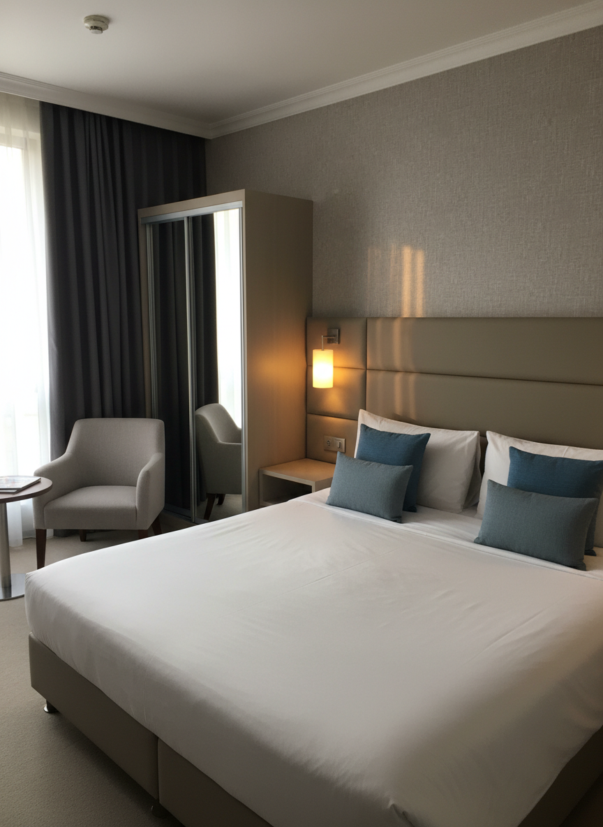 A spacious apart hotel bedroom with a large, impeccably made bed featuring crisp white linens, a padded taupe headboard, and neatly arranged accent pillows in muted blues. Built‑in bedside tables host minimalist, warm-toned lamps, casting a soft glow on textured wallpaper. A compact wardrobe with mirrored doors reflects a small sitting area with an upholstered chair and side table. Natural afternoon light filters through blackout curtains pulled partly aside, balancing the warm artificial light. Photographic realism, framed using the rule of thirds from a slightly elevated angle, emphasizing comfort, cleanliness, and a calm, professional ambiance.