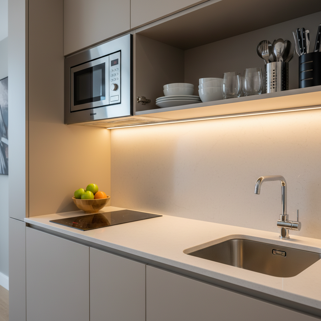 An apart hotel kitchenette in close-up, designed for efficiency and longer stays. Smooth, handleless cabinets in matte beige contrast with a light quartz countertop holding an induction cooktop, a stainless steel sink, and an integrated microwave. A neatly arranged set of dishes, glasses, and utensils is visible through a single open cabinet, while a small fruit bowl adds color. Under-cabinet LED lighting casts a clean, even glow on the working surface, with no clutter. Photographic realism, shot from eye level with sharp focus on details, conveying practicality, cleanliness, and the convenience of self-catering in a professional lodging setting.