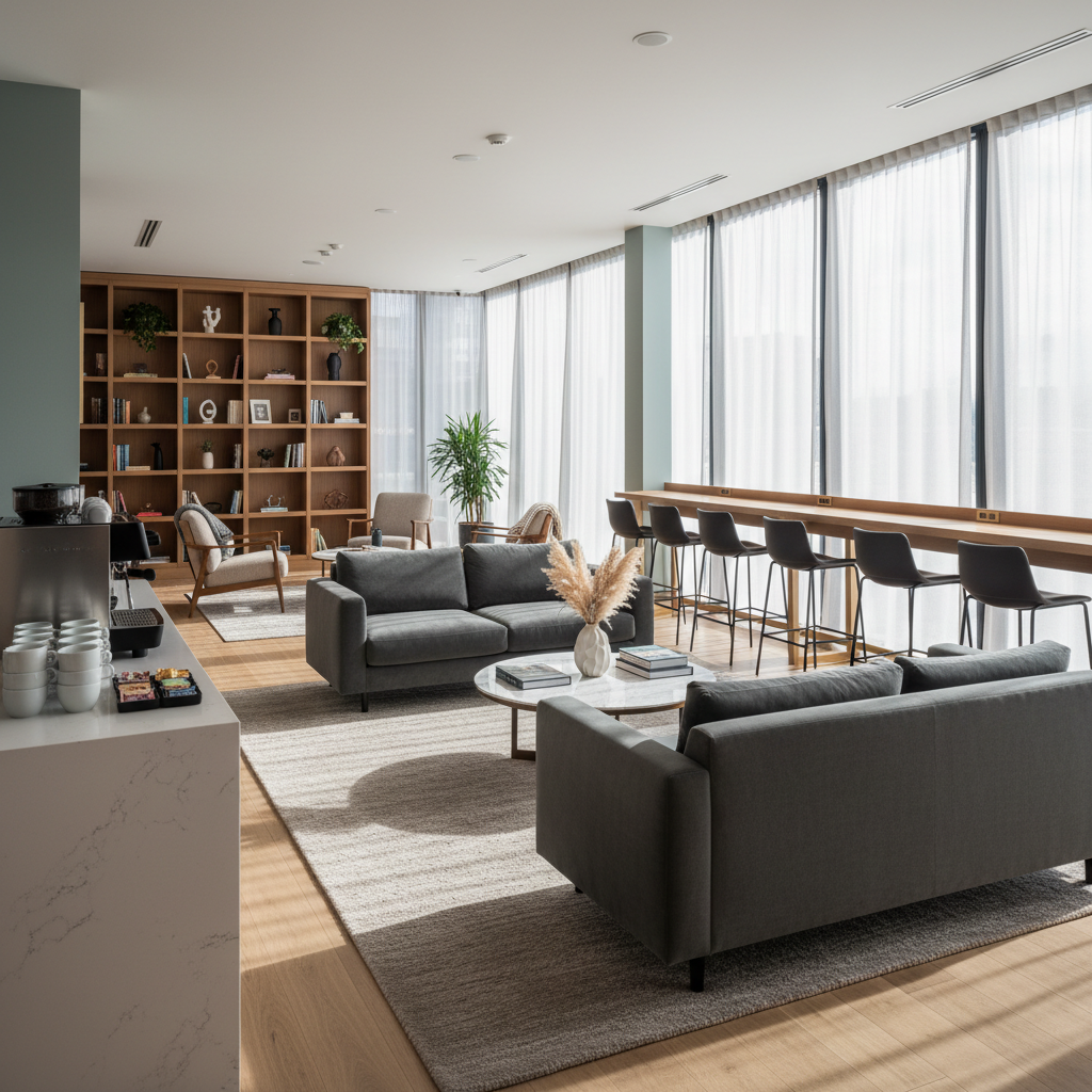 A sunlit apart hotel common lounge featuring multiple seating zones for guests: a cluster of low sofas around a central coffee table, bar-height counters with stools along a window, and a quiet corner with a bookshelf and decorative objects. A self-service refreshment counter with a sleek countertop coffee machine and neatly arranged cups suggests complimentary amenities. Large windows flood the space with natural light, creating soft, elongated shadows across the neutral-toned rug and wood flooring. Photographic realism, shot from a slightly elevated corner to showcase depth and layout, conveying a relaxed yet professional environment ideal for working or unwinding.