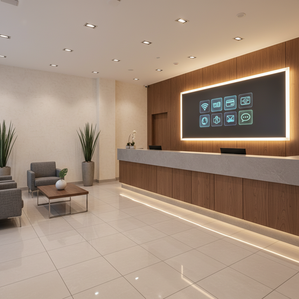 An elegant, well-organized apart hotel lobby and reception area featuring a long, wood-paneled front desk with a stone countertop and a sleek, backlit panel behind it. A digital display mounted on the wall shows abstract icons suggesting information like Wi‑Fi, payment methods, and multilingual support without using text. To one side, a minimalist seating area with contemporary armchairs and a low table adds comfort. Large-format tiles with a subtle sheen reflect warm overhead lighting. Photographic realism, captured from a wide-angle perspective to show the entire space, creating a professional, trustworthy first impression with a calm, orderly atmosphere.